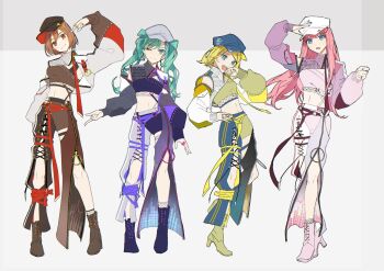 4girls ankle_socks aqua_eyes aqua_hair belt black_boots black_bra black_hat black_pants black_socks black_tube_top blonde_hair blue_hat blue_nails blue_pants blue_tube_top bob_cut boots bra brown_eyes brown_hair brown_pants closed_mouth clothing_cutout collared_jacket cross-laced_pants fishnet_socks fishnets full_body gold_ring grey_background grey_hat grey_pants hair_between_eyes hair_ornament hair_rings hairclip hand_on_headwear hand_on_own_cheek hand_on_own_face hand_on_own_hip hat hatsune_miku head_tilt heart heart_hair_ornament high_heel_boots high_heels highres jacket jewelry kagamine_rin karanagare knees lace-up_boots leg_belt leg_cutout long_hair long_sidelocks long_sleeves medium_hair megurine_luka meiko_(vocaloid) midriff multicolored_jacket multiple_belts multiple_girls multiple_rings nail_polish navel newsboy_cap one_eye_closed open_mouth pants pink_boots pink_hair pink_pants pink_shirt pink_tube_top pointing pointing_at_self project_sekai puffy_long_sleeves puffy_sleeves purple_belt purple_pants red_belt reference_sheet ring shirt short_hair sidelocks single_sidelock single_sock smile socks standing strapless teeth tube_top twintails two-sided_pants two-tone_jacket two-tone_pants underwear upper_teeth_only very_long_hair vocaloid wavy_hair white_belt white_jacket white_pants white_socks yellow_belt yellow_boots yellow_jacket yellow_tube_top