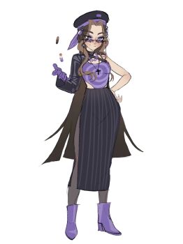 1girl beret black_hat black_shrug black_skirt boots bow bright_pupils brown_eyes brown_hair chain chain_necklace closed_mouth color_guide commentary criss-cross_straps cross cross_necklace darcy_(winx_club) english_commentary expressionless eyeshadow fingernails forehead full_body gloves grey_pantyhose hair_bobbles hair_ornament hand_on_own_hip hat hat_bow high-waist_skirt high_heel_boots high_heels highres jewelry light_blush long_hair long_skirt long_sleeves looking_at_viewer makeup mole mole_on_cheek multicolored_hair necklace outstretched_hand pantyhose purple-tinted_eyewear purple_boots purple_bow purple_eyeshadow purple_gloves purple_tank_top redesign shrug_(clothing) side_slit sidelocks simple_background single_bare_arm single_bare_shoulder single_glove single_sleeve skirt solo spiral_print standing straight_hair streaked_hair striped_bow striped_clothes striped_skirt sunglasses tank_top thick_eyebrows tinted_eyewear triangular_eyewear turtleneck_shrug vertical-striped_clothes vertical-striped_skirt very_long_hair wavy_hair white_background white_pupils wikate winx_club