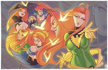 2girls acecore2k ahoge black_bodice black_lips bodysuit border breasts choker cleavage commentary cyclops_(x-men) english_commentary flower gloves goblin_queen_(marvel) green_bodysuit green_eyes hair_bun hair_pulled_back highres holding holding_skull jean_grey large_breasts long_hair looking_at_viewer madelyne_pryor marvel mask multiple_girls multiple_persona orange_hair parted_hair phoenix_(x-men) pink_flower reaching reaching_towards_viewer sash skull spiked_choker spikes underboob white_border x-men yellow_gloves yellow_sash zoom_layer