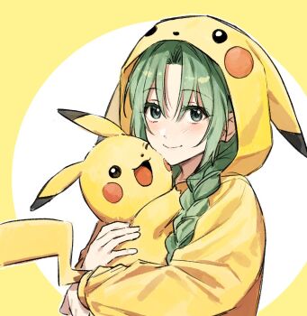 1girl braid commentary_request cosplay gen_1_pokemon green_eyes green_hair hair_over_shoulder highres higurashi_no_naku_koro_ni holding holding_pokemon hood hood_up hooded_pajamas kigurumi korean_commentary long_hair long_sleeves looking_at_viewer nintendo nonanonnon6u6 onesie open_mouth pajamas pikachu pikachu_(cosplay) pokemon pokemon_(creature) smile sonozaki_shion yellow_background