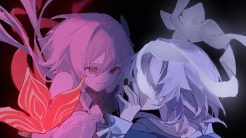 2girls akaguchi_35 black_background black_dress black_flower black_gloves blue_jacket clothing_cutout commentary_request dress dual_persona evernight_(honkai:_star_rail) floating_hair flower from_behind gloves hair_between_eyes hair_flower hair_ornament hand_on_another&#039;s_chin hands_up highres honkai:_star_rail honkai_(series) jacket jellyfish long_hair long_sleeves looking_at_another low_twintails march_7th_(honkai:_star_rail) march_7th_(preservation)_(honkai:_star_rail) multiple_girls official_alternate_costume official_alternate_hairstyle pink_hair puffy_long_sleeves puffy_sleeves red_eyes shirt short_hair shoulder_cutout simple_background single_bare_shoulder smile teeth twintails two-tone_dress upper_body wavy_hair white_dress white_shirt