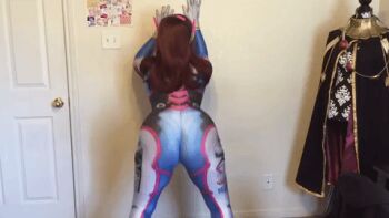 Rule 34 | 1girl, against wall, animated, animated gif, ass, ass shake, bad id, bad youtube id, bent over, bodysuit, brown hair, chelhellbunny, cosplay, curvy, d.va (overwatch), d.va (overwatch) (cosplay), female focus, from behind, huge ass, long hair, lowres, overwatch, overwatch 1, photo (medium), skin tight, solo, thick thighs, thighs
