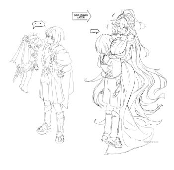 +++ 1boy 1girl age_difference aged_up ahoge arm_at_side armlet artist_name bare_shoulders barefoot belt between_breasts blunt_ends bodysuit bow bracelet braid breast_smother breasts cape carrying carrying_person closed_eyes cosplay dedversus detached_sleeves dress eyelashes face_between_breasts face_to_breasts facing_another feathers full_body furisode gem genshin_impact greyscale hair_ornament hakama hakama_shorts half_crown_braid hand_on_own_hip hand_up hands_on_another's_back head_between_breasts height_difference highres huge_ahoge huge_breasts japanese_clothes jewelry juban kimono leaf leaf_hair_ornament lifting_person light_blush long_dress long_hair mandarin_collar monochrome nahida_(genshin_impact) onee-shota open_clothes open_kimono parted_bangs pleated_shorts pom_pom_(clothes) rope rukkhadevata_(genshin_impact) rukkhadevata_(genshin_impact)_(cosplay) sandals scaramouche_(genshin_impact) short_dress short_hair short_hair_with_long_locks shorts sidelocks smother stirrup_legwear tassel time_lapse toeless_legwear very_long_hair vision_(genshin_impact) wanderer_(genshin_impact) wavy_hair zouri