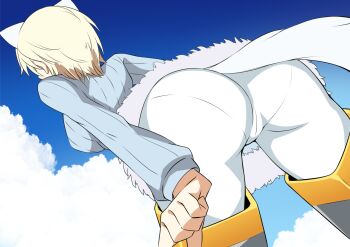 1girl animal_ears ass blonde_hair blue_sweater blush brave_witches breasts crotch flying from_behind large_breasts momendoufu nikka_edvardine_katajainen pantyhose short_hair sky solo striker_unit sweater tail weasel_ears weasel_tail white_pantyhose world_witches_series