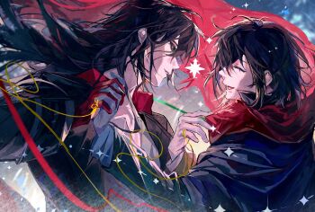 2boys ^_^ absurdres black_cloak black_coat black_hair chinese_commentary cloak closed_eyes coat collared_shirt commentary_request dancing facing_another gloves green_eyes hair_between_eyes highres holding_hands interlocked_fingers klein_moretti leonard_mitchell long_hair long_sleeves looking_at_another lord_of_the_mysteries male_focus medium_hair merlin_hermes multiple_boys open_clothes open_coat open_mouth parted_lips partially_unbuttoned red_gloves red_scarf scarf shirt smile sparkle star_(symbol) streamers string string_of_fate sumidainxin upper_body very_long_hair white_gloves yaoi yellow_string