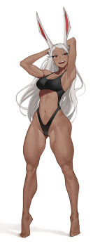 Rule 34 | 1girl, absurdres, animal ear fluff, animal ears, armpits, arms behind head, arms up, bare arms, bare legs, bare shoulders, barefoot, black one-piece swimsuit, blush, boku no hero academia, breasts, clothing cutout, collarbone, commentary, dark-skinned female, dark skin, english commentary, feet, full body, highleg, highleg one-piece swimsuit, highres, large breasts, legs, long eyelashes, long hair, long legs, looking at viewer, mirko, navel, one-piece swimsuit, open mouth, parted bangs, rabbit ears, rabbit girl, red eyes, shadow, short eyebrows, simple background, smile, solo, standing, stomach, stomach cutout, swimsuit, tbocart, teeth, thick thighs, thighs, tiptoes, toes, toned, toned female, upper teeth only, very long hair, white background, white hair