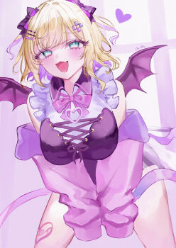 1girl :3 absurdres black_corset black_wings blonde_hair blush bow breasts collared_shirt colored_inner_hair commentary corset eyelashes fang frilled_skirt frills green_eyes hair_bow hair_ornament hairclip heart heart_hair_ornament highres hood hoodie huge_breasts kurumi_noah kurumi_noah_(3rd_costume) leaning_forward leg_tattoo long_sleeves medium_hair mile_(off8mile) multicolored_hair neck_ribbon open_mouth pink_background pink_bow pink_hair pink_hoodie pink_ribbon pink_skirt pink_wings ribbon shirt skin_fang skirt sleeves_past_fingers sleeves_past_wrists smile solo tattoo thighs twitter_username two-tone_hair two_side_up virtual_youtuber vspo! white_shirt wings