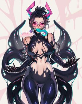 1girl absurdres alternate_costume aqua_lips black_hair breasts breasts_apart character_hair_ornament colored_tongue commentary earrings english_commentary fangs flower_earrings galacta galacta_(rivals'_day_2025) greenu hair_ornament highres horns jewelry living_clothes long_tongue marvel marvel_rivals official_alternate_hairstyle purple_horns round_eyewear slime_(substance) solo symbiote tentacles thigh_gap tinted_eyewear tongue venom_(marvel) very_long_tongue