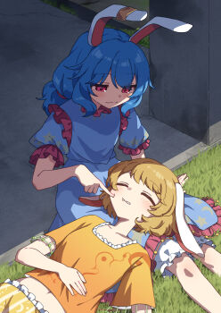 144udy 2girls :3 absurdres animal_ears blonde_hair bloomers blue_dress blue_hair blush cheek_poking closed_eyes closed_mouth commentary_request commission dress earclip floppy_ears grass highres lap_pillow long_hair midriff multiple_girls navel orange_shirt outdoors poking puffy_short_sleeves puffy_sleeves rabbit_ears rabbit_girl red_eyes ringo_(touhou) seiran_(touhou) shirt short_hair short_sleeves shorts sitting skeb_commission sleeping smile touhou underwear white_bloomers yellow_shorts