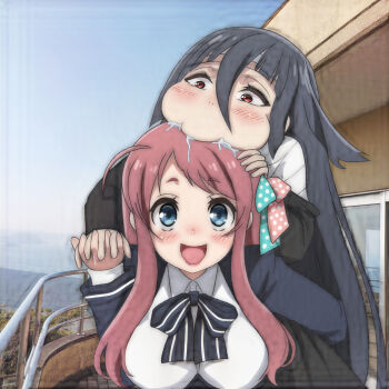 Rule 34 | 2girls, ahoge, bandages, biting, black bow, black bowtie, black hair, black jacket, blue eyes, blue jacket, blue ribbon, blush, bow, bowtie, breasts, building, cloud, hair ribbon, headband, holding hands, jacket, large breasts, long hair, long sleeves, looking at viewer, minamoto sakura, multiple girls, ocean, off-shoulder jacket, off shoulder, open mouth, photo background, pink hair, pink ribbon, polka dot, polka dot ribbon, railing, red eyes, ribbon, saliva, school uniform, shirt, sky, smile, standing, t jiroo (ringofriend), tree, upper body, water, white shirt, yamada tae, zombie land saga