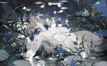 Rule 34 | 1girl, absurdres, baichuan baichuan, blue flower, brown hair, bug, butterfly, commission, dress, eyelashes, flower, hair between eyes, hand on own chest, highres, insect, jewelry, lily pad, lips, long sleeves, looking at viewer, lying, mihuashi commission, necklace, original, outdoors, pale skin, parted lips, ripples, solo, two-sided fabric, water, watermark, white butterfly, yellow flower