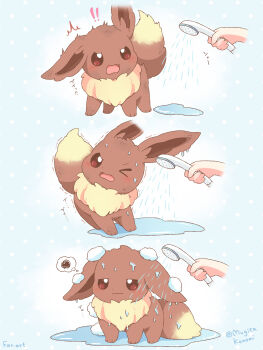 ! !! 1other blue_background blush brown_eyes brown_fur closed_mouth commentary_request disembodied_hand eevee gen_1_pokemon highres mugita_konomi nintendo open_mouth pokemon pokemon_(creature) polka_dot polka_dot_background shower_head showering spoken_squiggle squiggle wet
