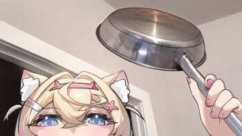 1girl animal_ear_fluff animal_ears bandaid bandaid_hair_ornament blonde_hair blue_eyes commentary dog_ears dog_girl doorway english_commentary from_below frying_pan hair_ornament hairband hand_up highres holding holding_frying_pan hololive hololive_english indoors looking_at_viewer mococo_abyssgard photo-referenced photo_background pink_hair pink_hairband pink_nails short_hair sobbi11 solo two-tone_background virtual_youtuber x_hair_ornament