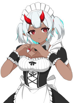 1girl alternate_hairstyle apron black_bow black_bowtie black_corset black_dress black_wrist_cuffs blue_hair blunt_bangs bow bowtie breasts collar commentary corset dark-skinned_female dark_skin demon_horns double-parted_bangs dress english_commentary fingernails frilled_wrist_cuffs frills heart heart_hands highres horns indie_virtual_youtuber large_breasts light_smile long_fingernails looking_at_viewer maid maid_apron maid_headdress mitsumoto_amata pinstripe_pattern pointy_ears puffy_short_sleeves puffy_sleeves red_eyes red_nails second-party_source short_hair short_sleeves solo twintails upper_body virtual_youtuber white_apron white_collar white_trim wrist_cuffs zoiteki