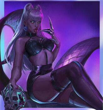 1girl absurdres aqua_border aqua_eyeshadow bare_arms bare_shoulders between_breasts black_bra black_choker black_skirt black_thighhighs border bra breasts choker claw_(weapon) claws cone_hair_bun cowboy_shot curvy demon_girl earrings evelynn_(league_of_legends) eyeshadow finger_to_tongue gradient_border hair_bun hand_up high-waist_skirt highres holding holding_skull jewelry k/da_(league_of_legends) k/da_all_out_evelynn knee_up lashers league_of_legends leather leather_bra leather_garter_straps leather_skirt long_hair looking_at_viewer looking_to_the_side makeup mature_female medium_breasts multicolored_border nose o-ring o-ring_top open_hand outside_border pointed_bangs pom_pom_(clothes) pom_pom_earrings purple_background purple_border purple_light purple_theme purple_trim red_lips silver_claws simple_background sitting skindentation skirt skull slit_pupils solo ssir_hazuka straight_hair strap_between_breasts thick_thighs thighhighs thighs tongue tongue_out two-tone_border underwear v-bangs v-shaped_eyebrows weapon white_hair yellow_eyes