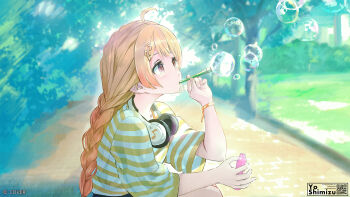 Rule 34 | 1girl, ahoge, alternate costume, alternate hairstyle, beamed eighth notes, blonde hair, blowing bubbles, blurry, blurry background, bottle, braid, braided ponytail, brown eyes, commentary request, copyright name, day, eighth note, fortissimo, gradient hair, hair ornament, hairclip, headphones, headphones around neck, holding, holding bottle, hololive, hololive dev is, long hair, low ponytail, multicolored hair, musical note, musical note hair ornament, official art, orange hair, otonose kanade, outdoors, ponytail, qr code, shirt, sitting, solo, striped clothes, striped shirt, t-shirt, virtual youtuber, white shirt, yellow shirt, you shimizu