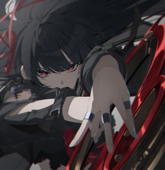 absurdres arm_cutout black_hair black_shirt bright_pupils chisa_(wuthering_waves) chromatic_aberration clothing_cutout commentary hair_ribbon highres holding holding_sword holding_weapon hosun jewelry long_hair long_sleeves looking_at_viewer mole mole_under_eye multiple_rings neckerchief red_eyes red_neckerchief red_ribbon ribbon ring shirt sword tacet_mark_(wuthering_waves) upper_body weapon white_pupils wuthering_waves