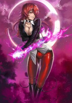 1girl aura black_boots boots breasts choker cleavage cloud crescent_moon dantewontdie female_focus fire genderswap genderswap_(mtf) long_hair medium_breasts moon pants parted_lips pyrokinesis red_eyes red_hair red_pants smile solo the_king_of_fighters yagami_iori