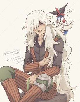 1boy a_nori az_(pokemon) buttons collared_shirt commentary_request floette floette_(eternal) gen_6_pokemon green_ribbon hair_over_one_eye half-closed_eyes highres holding holding_ribbon long_hair long_sleeves looking_to_the_side male_focus musical_note nintendo open_clothes open_mouth open_vest pants patchwork_clothes pokemon pokemon_(creature) pokemon_legends:_z-a ribbon shirt signature sitting smile spoken_musical_note stitches translation_request twitter_username vest white_hair