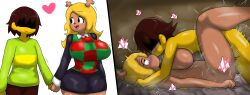 Rule 34 | 1boy, 1girl, ass, blonde hair, blush, breasts, brown hair, colored skin, deltarune, enigi09, furry, furry female, furry with non-furry, heart, highres, horns, huge ass, interspecies, kiss, kris (deltarune), large breasts, long hair, lying, missionary, noelle holiday, short hair, size difference, speech bubble, uniform, yellow skin