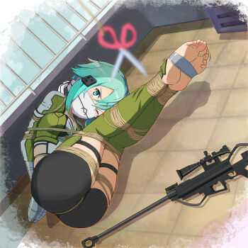 1girl absurdres angry anti-materiel_rifle arms_behind_back ass bdsm blue_eyes blue_hair bolt_action bondage bound bound_arms bound_legs bound_torso breasts cleavage cloth_gag cropped_jacket duct_tape feet female_focus floor full_body gag gagged glaring green_jacket green_leg_warmers green_leggings guard_rail gun hair_between_eyes hair_ornament hairclip highleg highleg_leotard highres improvised_gag jacket leg_warmers leggings legs legs_together leotard long_sleeves medium_breasts motion_lines one_eye_closed open_clothes open_jacket outdoors over_the_nose_gag pgm_hecate_ii predicament_bondage rifle rooftop rope scissors short_hair short_hair_with_long_locks short_shorts shorts sidelocks sinon skin_tight skindentation sniper_rifle soles solo struggling sword_art_online tape tape_bondage taped_hands thigh_strap thighhighs thighs tiedtiki tile_floor tiles trembling trembling_legs weapon white_leotard wince