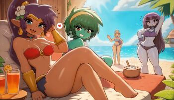 4girls absurdres arm_behind_head arm_up ball barefoot beach beach_chair beachball bikini blonde_hair blue_bikini blue_eyes blue_headscarf blush bowl bracer breasts choker cleavage cloud collarbone colored_skin crossed_legs cup dark_skin drink drinking_glass earrings eyewear_on_head flower food fruit green_hair green_skin grey_skin grin hair_flower hair_ornament hairband hand_on_own_hip headscarf heart highres holding holding_ball holding_beachball hoop_earrings jewelry juice large_breasts long_hair looking_at_viewer multiple_girls navel o-ring o-ring_bikini ocean one_eye_closed open_mouth orange_(fruit) orange_juice orange_slice palm_tree pointy_ears ponytail purple_bikini purple_hair red_bikini red_eyes red_nails risky_boots rottytops sand sand_castle sand_sculpture shantae shantae_(series) short_hair sitting skull_earrings sky sky_(shantae) smile sparkle speech_bubble spoken_heart standing stitches strapless strapless_bikini sunglasses sunglasses_on_head swimsuit teeth tiara tony_welt tree water waving wayforward white_flower wide_hips wink wristband zombie
