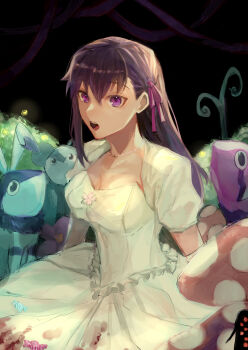 Rule 34 | 1girl, absurdres, black background, breasts, cleavage, commentary request, creature, dress, fate (series), hair ribbon, highres, long hair, looking at viewer, matou sakura, mushroom, open mouth, purple eyes, purple hair, ribbon, short sleeves, solo, umeboitarou, white dress