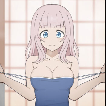 1girl blue_eyes blue_one-piece_swimsuit blue_school_swimsuit blush breasts cleavage collarbone fujiwara_chika highres kaguya-sama_wa_kokurasetai_~tensai-tachi_no_renai_zunousen~ large_breasts long_hair looking_at_viewer one-piece_swimsuit pink_hair poa_mellhen pulling_own_clothes school_swimsuit smile standing strap_pull swimsuit teasing undressing upper_body window