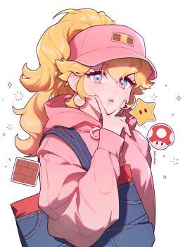 Rule 34 | 1girl, alternate costume, bag, baseball cap, blonde hair, blue eyes, casual, cheek squash, commentary, denim bag, earrings, hair through headwear, hat, highres, hood, hood down, hoodie, jewelry, lips, long hair, long sleeves, mario (series), mong (mong milo), nintendo, ponytail, princess peach, pursed lips, solo, super mushroom, super star (mario), tote bag, upper body, v, v over mouth