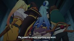 1boy 3girls animated anime_screenshot aqua_(konosuba) ass black_cape black_hair black_headwear blonde_hair blue_dress blue_hair brown_hair cape capelet convenient_censoring darkness_(konosuba) detached_sleeves dress from_behind from_below green_capelet hair_rings hat highres holding holding_staff huge_ass kono_subarashii_sekai_ni_shukufuku_wo! layered_skirt long_hair megumin miniskirt multiple_girls no_panties pants ponytail red_dress satou_kazuma sheath skirt sound staff subtitled tagme thighhighs thighs video white_thighhighs witch_hat