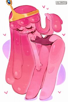 1girl absurdres adventure_time artist_logo breasts chibi chibi_only closed_eyes colored_skin commentary crown eyelashes full_body highres kawooshy leotard logo long_hair pink_hair pink_leotard pink_skin princess_bonnibel_bubblegum solo strapless strapless_leotard