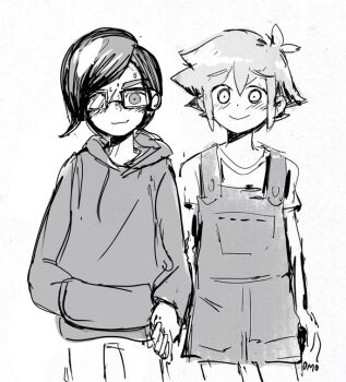 1boy 1girl anonymous_artist basil_(faraway)_(omori) basil_(omori) blush glasses holding_hands hood hoodie kim_(omori) kimsil_(omori) omori overall_shorts overalls pants shirt swept_bangs t-shirt