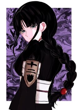 1girl black_hair bleach border braid braided_ponytail breasts c_140n closed_mouth female_focus highres kurotsuchi_nemu long_hair looking_at_viewer small_breasts upper_body white_border