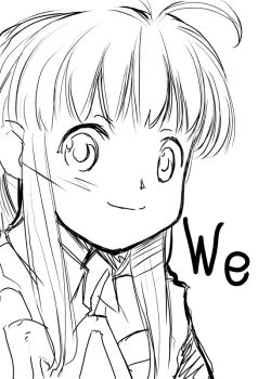 Rule 34 | 1girl, female focus, greyscale, happy, long hair, looking at viewer, monochrome, os-tan, simple background, smile, solo, we-tan, white background
