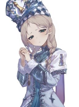 1girl bishop_(chess) blonde_hair blue_dress blue_hat braid capelet chess_piece closed_mouth commentary cowboy_shot dress empty_eyes english_commentary green_eyes hat highres long_hair long_sleeves looking_at_viewer okubatomaeba original own_hands_together parted_bangs personification praying sad simple_background solo twin_braids white_background white_capelet