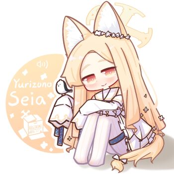 1girl animal_ear_fluff animal_ears bird blonde_hair blue_archive blush chibi closed_mouth dated detached_sleeves dress flower forehead fox_ears frilled_dress frills full_body hair_flower hair_ornament halo hugging_own_legs knees_up long_hair long_sleeves looking_at_viewer no_shoes nuansede_kekeya pantyhose parted_bangs sailor_collar sailor_dress seia_(blue_archive) sitting sleeveless sleeveless_dress sleeves_past_fingers sleeves_past_wrists smile solo striped_clothes striped_pantyhose vertical-striped_clothes vertical-striped_pantyhose very_long_hair white_background white_bird white_dress white_flower white_pantyhose white_sailor_collar white_sleeves