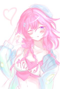 1girl ;o absurdres bare_shoulders blue_jacket blush breasts clothes_writing commentary_request crop_top cyrene_(aedes_elysiae)_(honkai:_star_rail) cyrene_(honkai:_star_rail) cyrene_(nylon_japan)_(honkai:_star_rail) diamond-shaped_pupils diamond_(shape) half-heart_hands heart highres honkai:_star_rail honkai_(series) jacket large_breasts long_hair midriff mihanada_no_a official_alternate_costume one_eye_closed pink_hair purple_eyes simple_background solo symbol-shaped_pupils very_long_hair white_background