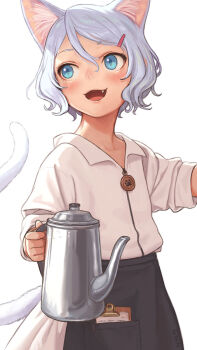 1girl :3 animal_ear_fluff animal_ears apron bad_id bad_pixiv_id black_apron blouse blue_eyes blue_hair blush cat_ears cat_girl cat_tail coffee_pot collared_shirt fang female_focus hair_between_eyes hair_ornament hairclip highres kozato_(yu_kozato) original shirt short_hair simple_background skirt solo tail wavy_hair white_background white_shirt white_skirt