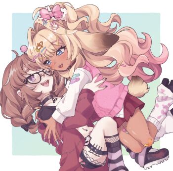 2girls :d animal_ears artist_request bandaid bandaid_on_clothes bandaid_on_knee bandaid_on_leg black_choker black_shirt black_shoes black_shorts blonde_hair blue_eyes braid brown_hair carrot_hair_ornament choker commentary english_commentary food-themed_hair_ornament glasses gyaru hair_intakes hair_ornament hairpin highres hood hoodie hug immy_bisou long_hair looking_at_another lop_rabbit_ears multiple_girls nail_(hardware) navel_piercing one_eye_closed open_clothes open_hoodie open_mouth outside_border piercing pink_sweater_vest pubic_tattoo purple_eyes rabbit_ears rabbit_hair_ornament rabbit_in_eyes red_hoodie red_skirt shibi_cottonbum shirt shoes shorts skirt skull smile socks star_(symbol) star_hair_ornament stitched_neck stitches striped_clothes striped_socks sweater_vest symbol-shaped_pupils tan tattoo thigh_strap tongue tongue_out twin_braids vallure virtual_youtuber wavy_hair white_shirt white_socks x-shaped_pupils x_hair_ornament
