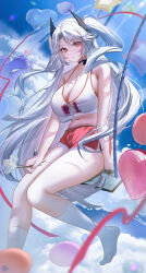 Rule 34 | 1girl, absurdres, azur lane, balloon, bare arms, bare shoulders, blush, breasts, choker, cleavage, flower, heart balloon, highres, holding, holding flower, kneehighs, large breasts, long hair, looking at viewer, multicolored hair, navel, official alternate costume, orange eyes, outdoors, prinz eugen (azur lane), prinz eugen (brilliant touchdown) (azur lane), red hair, red shorts, short shorts, shorts, sleeveless, socks, solo, streaked hair, tansuan (ensj3875), thighs, white hair, white socks