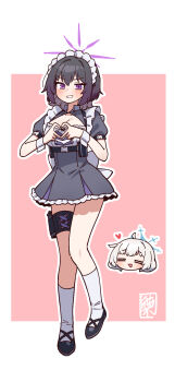 2girls black_dress black_hair blue_archive blue_halo blush dress full_body grey_hair halo heart heart_hands junsuina_fujunbutsu legband looking_at_viewer maia_(blue_archive) maid maid_headdress multiple_girls official_alternate_costume pink_background purple_eyes purple_halo short_hair skirt subaru_(blue_archive) twitter white_skirt