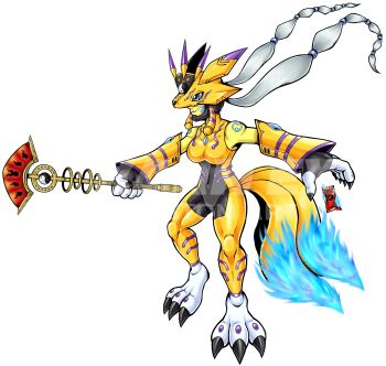 1girl armor blue_fire digimon digimon_(creature) fire furry furry_female oridigi original renamon soruu tail yin_yang