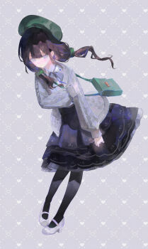 1girl absurdres bag black_bow black_bowtie black_hair black_pantyhose black_skirt blunt_bangs book_off bow bowtie cable_knit cardigan center_frills closed_mouth collared_shirt commentary_request double-parted_bangs floating_hair frills full_body green_bag green_scrunchie grey_background grey_cardigan grey_eyes hand_on_own_arm high_heels highres iinagi_(kashiwa_keira) kurobe_nanoka leaning_forward long_hair looking_to_the_side low_twintails mahou_shoujo_no_majo_saiban official_alternate_costume pantyhose scrunchie shirt shoes shoulder_bag skirt solo standing twintails white_shirt white_shoes