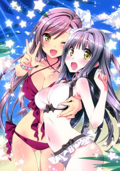 2girls ;d absurdres akagi_chisato akagi_kaori beach bikini body_blush bracelet breasts cleavage criss-cross_halter d: day frilled_bikini frills front-tie_top halterneck highres jewelry kamiya_maneki large_breasts long_hair multiple_girls navel one_eye_closed open_mouth pink_hair purple_bikini purple_hair relations_sisterxsister shiny_skin siblings side-tie_bikini_bottom sisters smile swimsuit thigh_gap very_long_hair white_bikini wink yellow_eyes