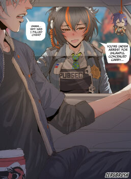 1boy 1girl absurdres belle_(zenless_zone_zero) black_hair black_shirt blush car commentary english_commentary english_text grey_hair highres motor_vehicle open_mouth orange_eyes orange_hair police shirt short_hair signature speech_bubble wise_(zenless_zone_zero) zenless_zone_zero zergbrush
