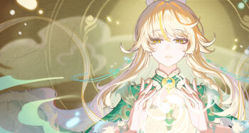 1girl absurdres blonde_hair braid chinese_commentary closed_mouth commentary_request dress expressionless floating floating_object genshin_impact hands_up highres long_hair looking_at_viewer multicolored_hair solo streaked_hair upper_body xu_mengmeng yellow_eyes zibai_(genshin_impact)