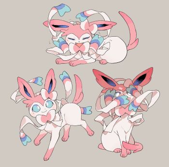 absurdres animal_focus blue_eyes bow bright_pupils closed_eyes fangs full_body gen_6_pokemon grey_background highres looking_at_viewer lying multiple_views newo_(shinra-p) nintendo no_humans on_stomach open_mouth pink_fur pokemon pokemon_(creature) ribbon simple_background sitting solo standing sylveon two-tone_fur white_fur white_pupils