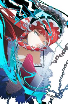 Rule 34 | 1girl, abstract, absurdres, axe, black leggings, blunt bangs, chain, collar, detached collar, dress, esuke9, feet out of frame, frilled collar, frilled dress, frilled hairband, frills, from above, frown, hair ribbon, hairband, highres, hime cut, holding, holding axe, holding weapon, leggings, long hair, object through head, persona, persona 3, red hair, ribbon, sidelocks, signature, simple background, square neckline, unamused, weapon, white background, white ribbon, yellow eyes, yoshino chidori