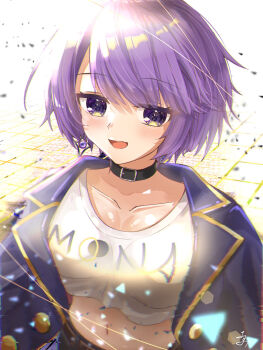1girl black_collar breasts character_name cleavage clothes_writing collar commentary cropped_shirt highres hololive hololive_indonesia jacket large_breasts looking_at_viewer moona_hoshinova moona_hoshinova_(casual) official_alternate_costume purple_eyes purple_hair purple_jacket shirt short_hair solo u_da_desu virtual_youtuber white_shirt