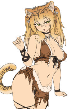 1girl animal_ear_fluff animal_ears animal_print bikini black_choker black_panties blonde_hair bone bone_hair_ornament bracelet breasts brown_bikini cavewoman choker contrapposto cowboy_shot fingernails flat_color fur-trimmed_bikini fur_trim furrowed_brow gradient_hair hair_ornament hand_up highres houtengeki jewelry loincloth long_fingernails long_hair looking_to_the_side medium_breasts multicolored_hair navel necklace open_mouth original panties panty_peek pelt print_loincloth short_eyebrows sidelocks sideways_glance simple_background skindentation solo striped_hair swimsuit tail tiger_ears tiger_girl tiger_girl_(houtengeki) tiger_print tiger_stripes tiger_tail tooth_necklace tribal twintails underwear v white_background wristband yellow_eyes